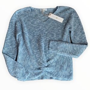 Woven Heart Chunky Knit Knot Twist Front Sweater Blue White Metallic Size Medium